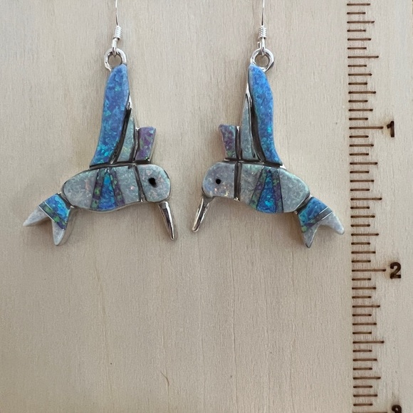 ❤️ Signed Zuni Opal Inlay Native American Sterling Hummingbird Earrings 9.2Gm - Picture 3 of 11